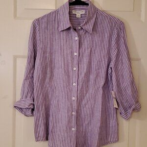 The purple striped shirt is casual and versatile